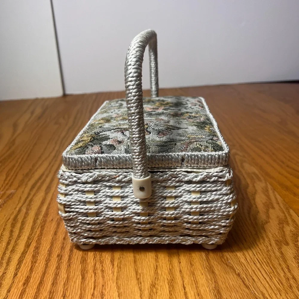 VTG Woven Sewing Basket Box Floral Tapestry Lid Taiwan cottage Box Needlework